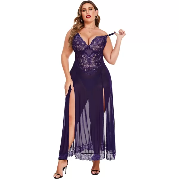 Avidlove Plus Size Lingerie For Women Babydoll Sexy Mesh Maxi Nightdress Strappy Exotic Sleepwear Side SlitsPurple