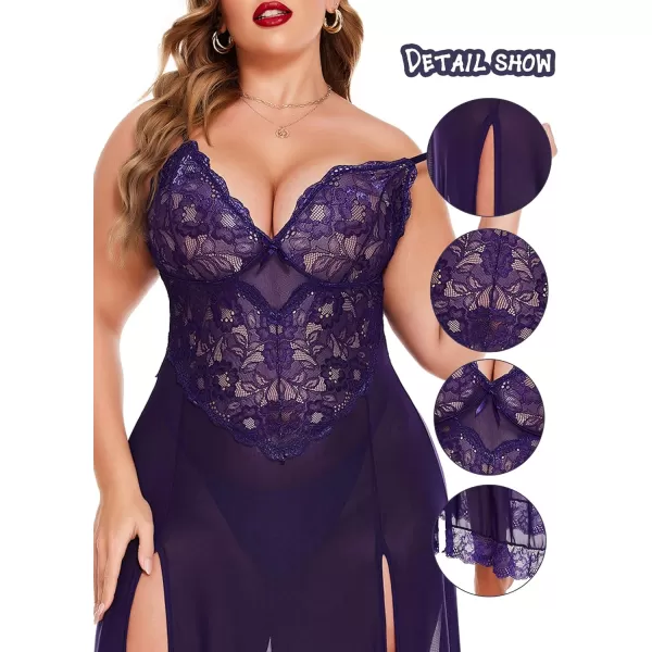 Avidlove Plus Size Lingerie For Women Babydoll Sexy Mesh Maxi Nightdress Strappy Exotic Sleepwear Side SlitsPurple