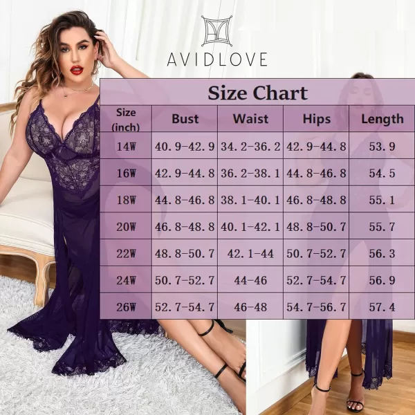 Avidlove Plus Size Lingerie For Women Babydoll Sexy Mesh Maxi Nightdress Strappy Exotic Sleepwear Side SlitsPurple