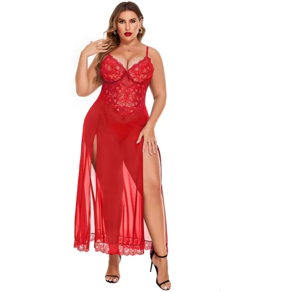 Avidlove Plus Size Lingerie For Women Babydoll Sexy Mesh Maxi Nightdress Strappy Exotic Sleepwear Side SlitsRed