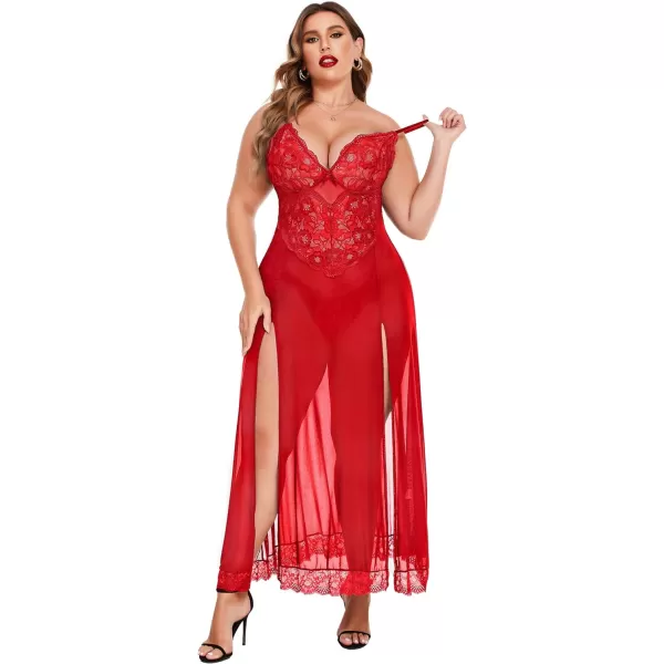 Avidlove Plus Size Lingerie For Women Babydoll Sexy Mesh Maxi Nightdress Strappy Exotic Sleepwear Side SlitsRed