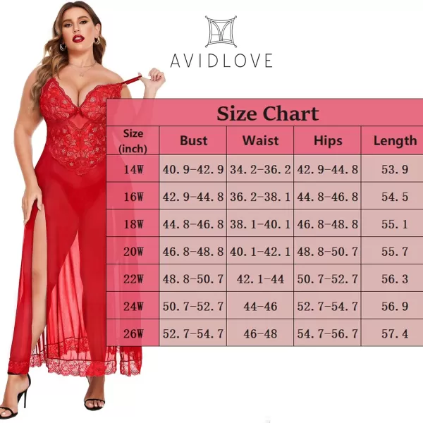 Avidlove Plus Size Lingerie For Women Babydoll Sexy Mesh Maxi Nightdress Strappy Exotic Sleepwear Side SlitsRed