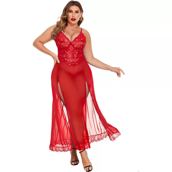 Avidlove Plus Size Lingerie For Women Babydoll Sexy Mesh Maxi Nightdress Strappy Exotic Sleepwear Side SlitsRed