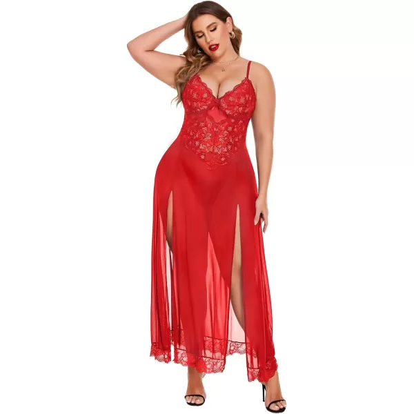Avidlove Plus Size Lingerie For Women Babydoll Sexy Mesh Maxi Nightdress Strappy Exotic Sleepwear Side SlitsRed