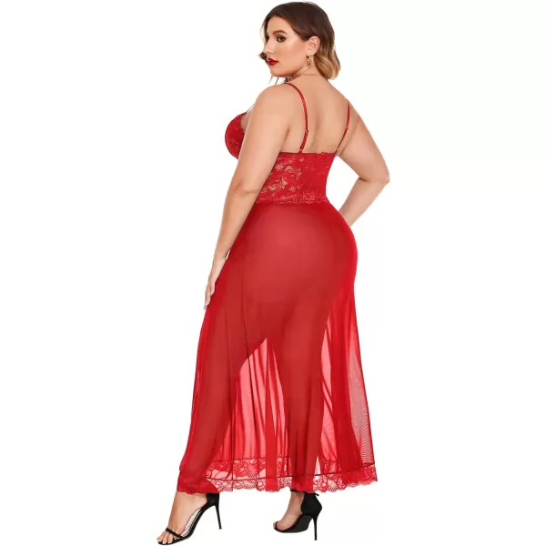 Avidlove Plus Size Lingerie For Women Babydoll Sexy Mesh Maxi Nightdress Strappy Exotic Sleepwear Side SlitsRed