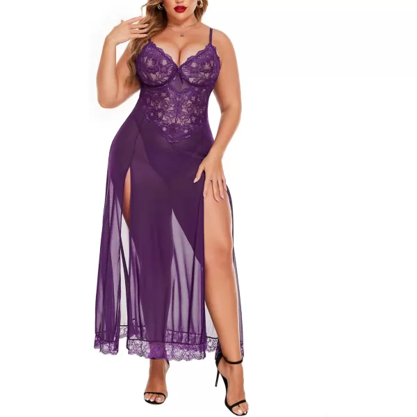 Avidlove Plus Size Lingerie For Women Babydoll Sexy Mesh Maxi Nightdress Strappy Exotic Sleepwear Side SlitsViolet