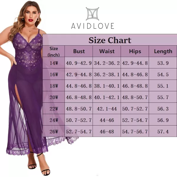 Avidlove Plus Size Lingerie For Women Babydoll Sexy Mesh Maxi Nightdress Strappy Exotic Sleepwear Side SlitsViolet