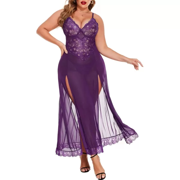 Avidlove Plus Size Lingerie For Women Babydoll Sexy Mesh Maxi Nightdress Strappy Exotic Sleepwear Side SlitsViolet