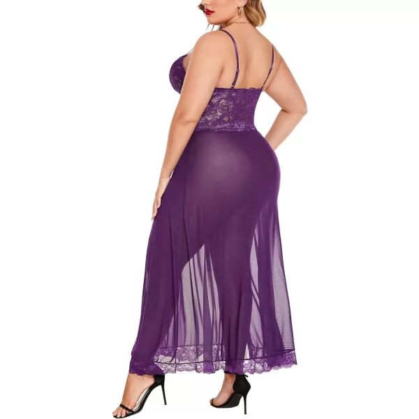 Avidlove Plus Size Lingerie For Women Babydoll Sexy Mesh Maxi Nightdress Strappy Exotic Sleepwear Side SlitsViolet