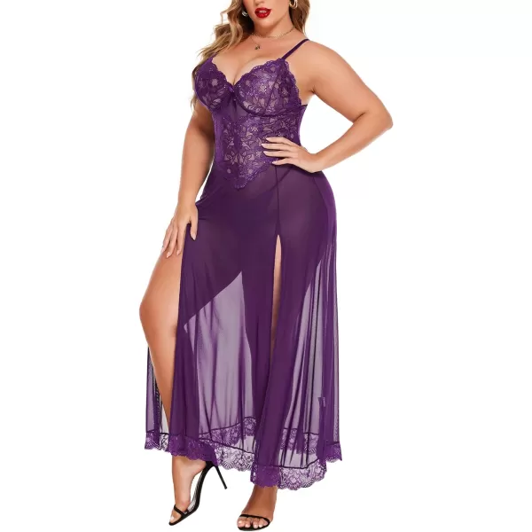 Avidlove Plus Size Lingerie For Women Babydoll Sexy Mesh Maxi Nightdress Strappy Exotic Sleepwear Side SlitsViolet