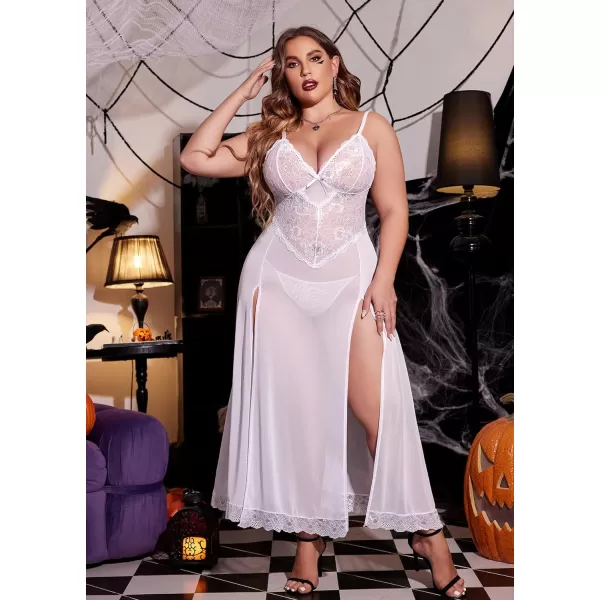 Avidlove Plus Size Lingerie For Women Babydoll Sexy Mesh Maxi Nightdress Strappy Exotic Sleepwear Side SlitsWhite