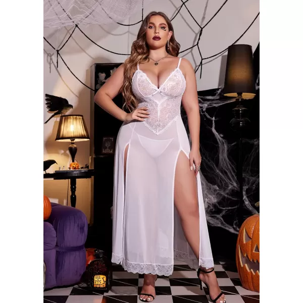 Avidlove Plus Size Lingerie For Women Babydoll Sexy Mesh Maxi Nightdress Strappy Exotic Sleepwear Side SlitsWhite