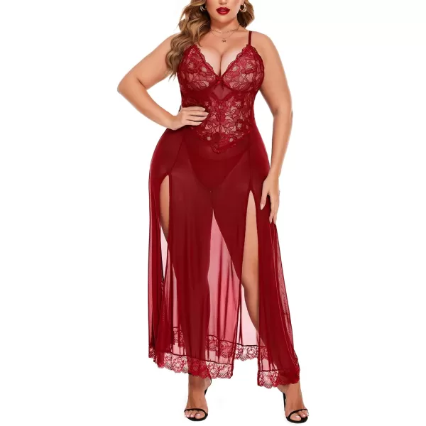 Avidlove Plus Size Lingerie For Women Babydoll Sexy Mesh Maxi Nightdress Strappy Exotic Sleepwear Side SlitsWine Red