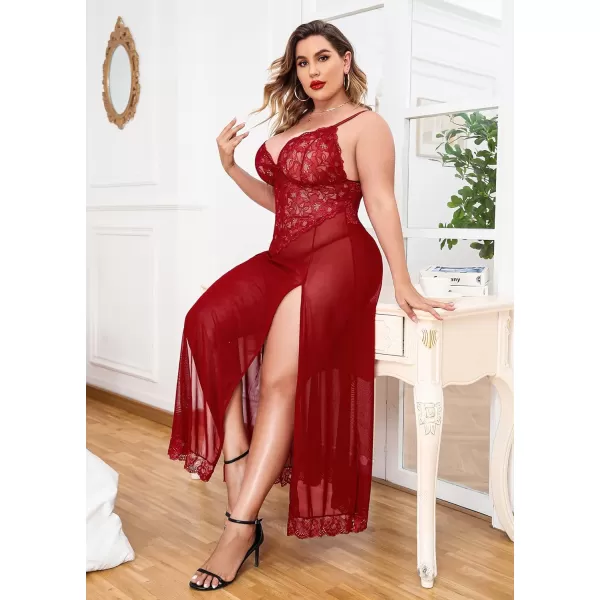 Avidlove Plus Size Lingerie For Women Babydoll Sexy Mesh Maxi Nightdress Strappy Exotic Sleepwear Side SlitsWine Red