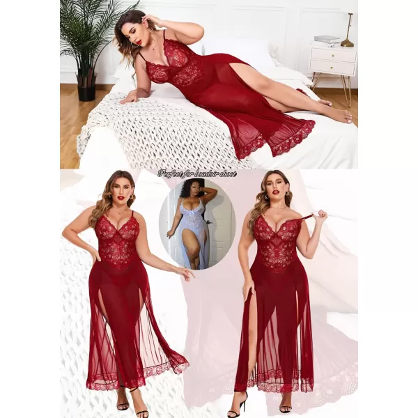 Avidlove Plus Size Lingerie For Women Babydoll Sexy Mesh Maxi Nightdress Strappy Exotic Sleepwear Side SlitsWine Red