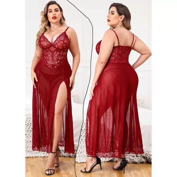 Avidlove Plus Size Lingerie For Women Babydoll Sexy Mesh Maxi Nightdress Strappy Exotic Sleepwear Side SlitsWine Red