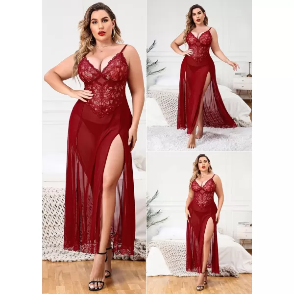 Avidlove Plus Size Lingerie For Women Babydoll Sexy Mesh Maxi Nightdress Strappy Exotic Sleepwear Side SlitsWine Red