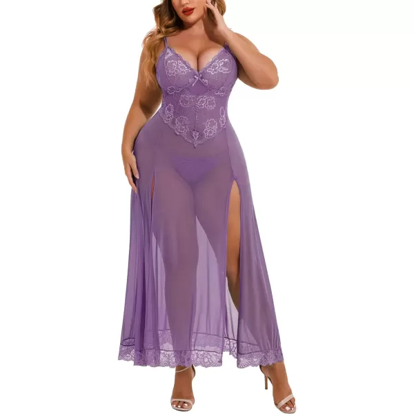Avidlove Plus Size Lingerie For Women Babydoll Sexy Mesh Maxi Nightdress Strappy Exotic Sleepwear Side SlitsWineberry