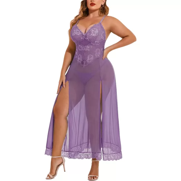 Avidlove Plus Size Lingerie For Women Babydoll Sexy Mesh Maxi Nightdress Strappy Exotic Sleepwear Side SlitsWineberry