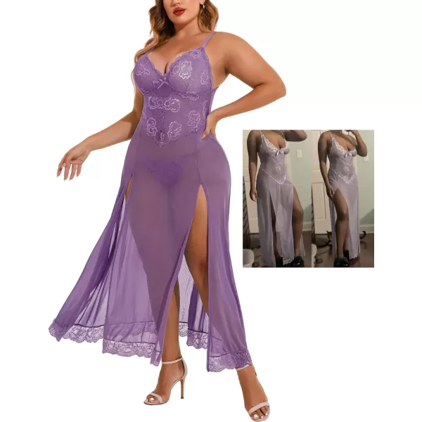 Avidlove Plus Size Lingerie For Women Babydoll Sexy Mesh Maxi Nightdress Strappy Exotic Sleepwear Side SlitsWineberry