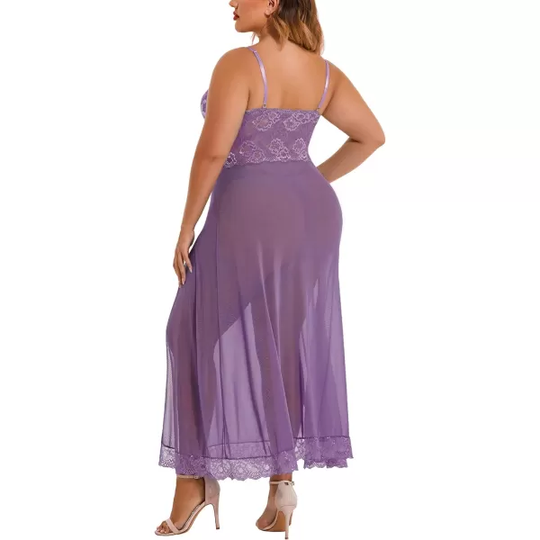 Avidlove Plus Size Lingerie For Women Babydoll Sexy Mesh Maxi Nightdress Strappy Exotic Sleepwear Side SlitsWineberry
