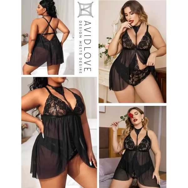 Avidlove Plus Size Lingerie For Women Lace Babydoll Mesh Choker Sleepwear L5XL1black