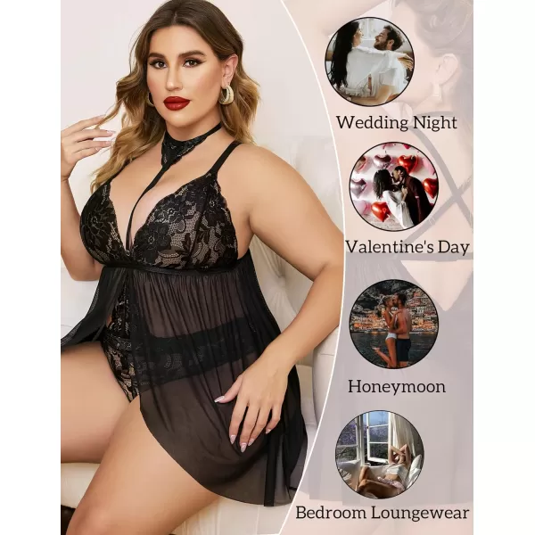 Avidlove Plus Size Lingerie For Women Lace Babydoll Mesh Choker Sleepwear L5XL1black