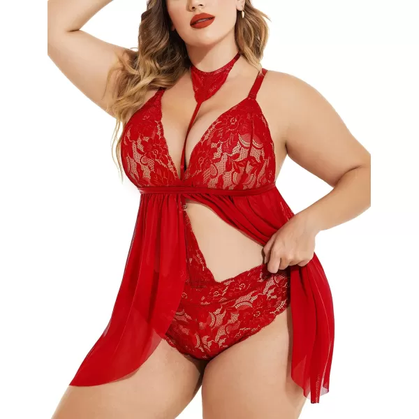 Avidlove Plus Size Lingerie For Women Lace Babydoll Mesh Choker Sleepwear L5XL1red