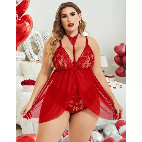 Avidlove Plus Size Lingerie For Women Lace Babydoll Mesh Choker Sleepwear L5XL1red