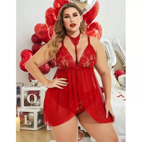 Avidlove Plus Size Lingerie For Women Lace Babydoll Mesh Choker Sleepwear L5XL1red