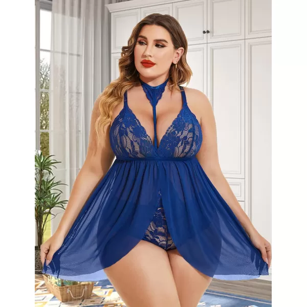 Avidlove Plus Size Lingerie For Women Lace Babydoll Mesh Choker Sleepwear L5XLBlue