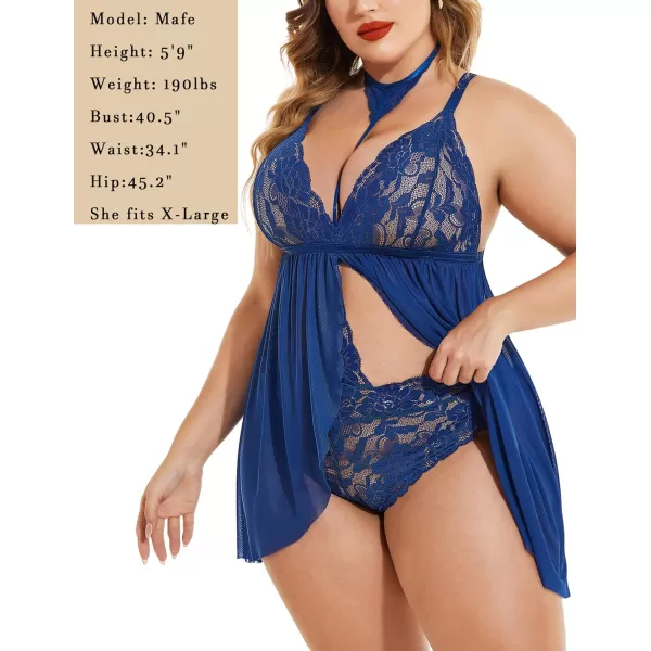 Avidlove Plus Size Lingerie For Women Lace Babydoll Mesh Choker Sleepwear L5XLBlue