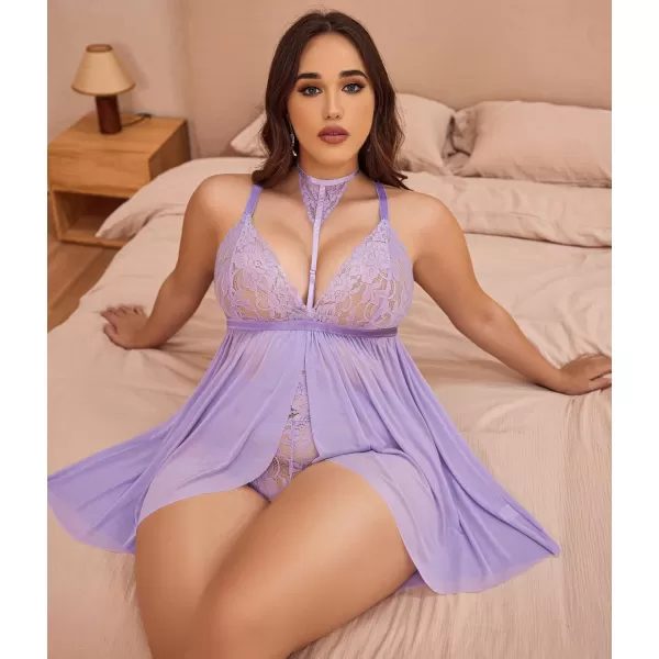 Avidlove Plus Size Lingerie For Women Lace Babydoll Mesh Choker Sleepwear L5XLLilac