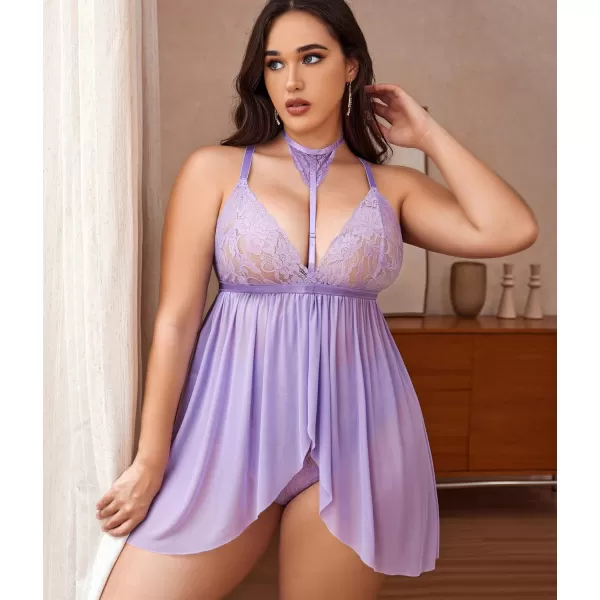 Avidlove Plus Size Lingerie For Women Lace Babydoll Mesh Choker Sleepwear L5XLLilac