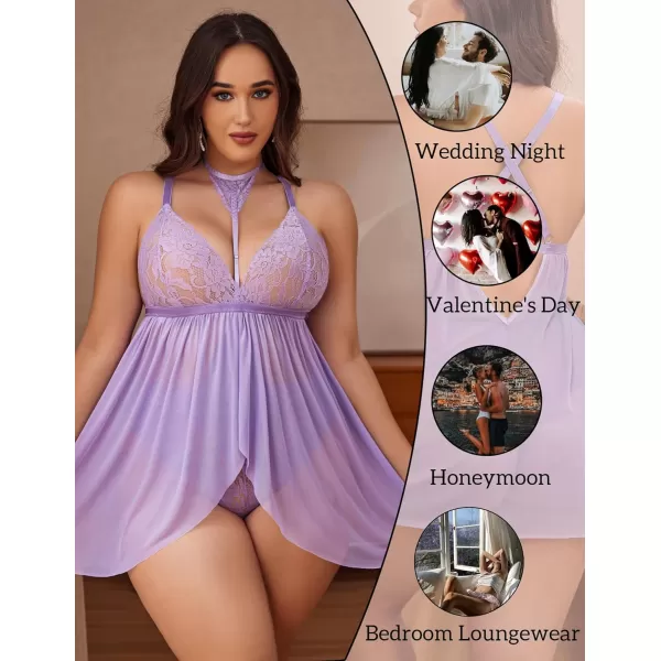 Avidlove Plus Size Lingerie For Women Lace Babydoll Mesh Choker Sleepwear L5XLLilac