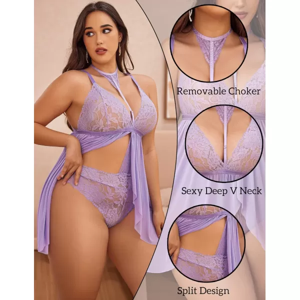 Avidlove Plus Size Lingerie For Women Lace Babydoll Mesh Choker Sleepwear L5XLLilac