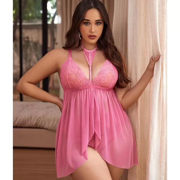 Avidlove Plus Size Lingerie For Women Lace Babydoll Mesh Choker Sleepwear L5XLPink