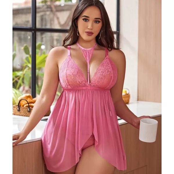 Avidlove Plus Size Lingerie For Women Lace Babydoll Mesh Choker Sleepwear L5XLPink