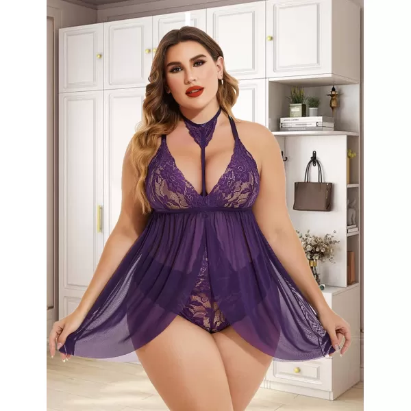 Avidlove Plus Size Lingerie For Women Lace Babydoll Mesh Choker Sleepwear L5XLPurple