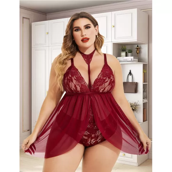 Avidlove Plus Size Lingerie For Women Lace Babydoll Mesh Choker Sleepwear L5XLWine Red