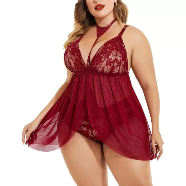 Avidlove Plus Size Lingerie For Women Lace Babydoll Mesh Choker Sleepwear L5XLWine Red