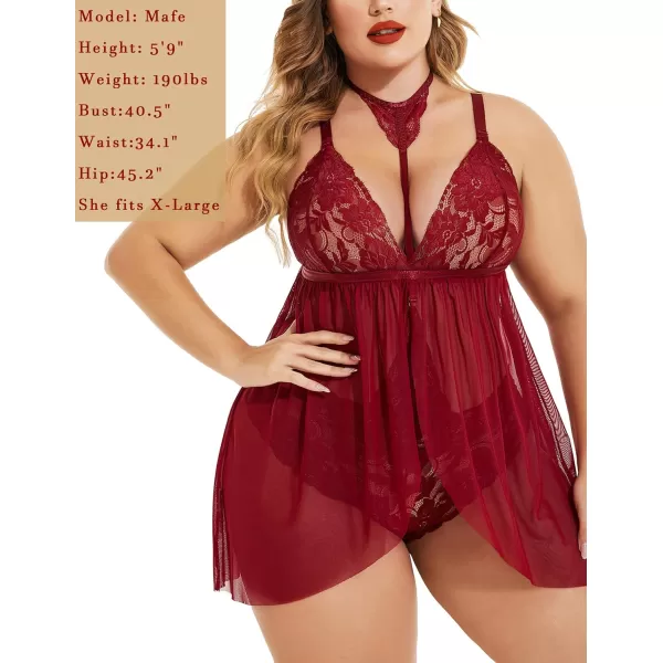 Avidlove Plus Size Lingerie For Women Lace Babydoll Mesh Choker Sleepwear L5XLWine Red