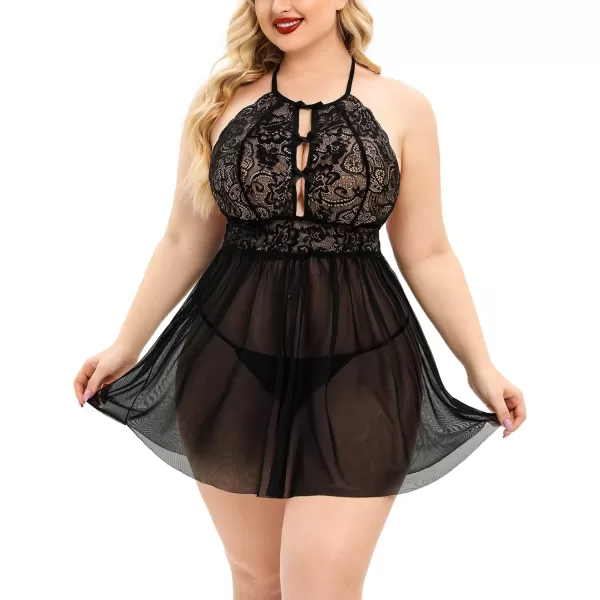 Avidlove Plus Size Lingerie For Women Lace Babydoll Strap Chemise Halter Neck Mesh Sleepwear BandageBlack