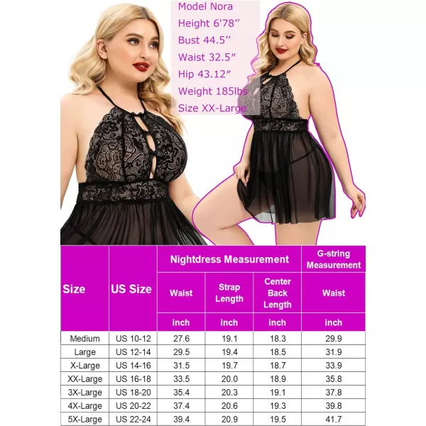 Avidlove Plus Size Lingerie For Women Lace Babydoll Strap Chemise Halter Neck Mesh Sleepwear BandageBlack