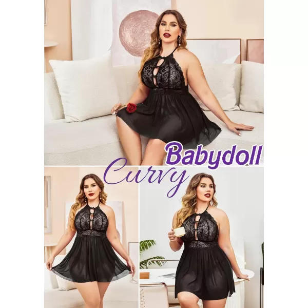 Avidlove Plus Size Lingerie For Women Lace Babydoll Strap Chemise Halter Neck Mesh Sleepwear BandageBlack