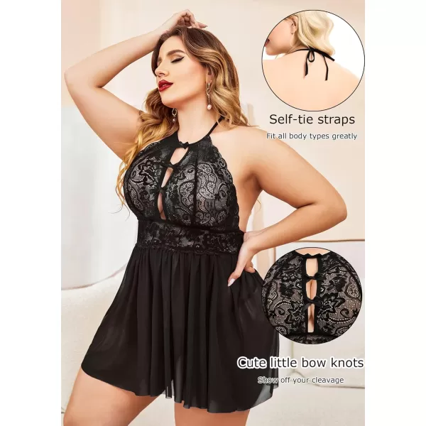 Avidlove Plus Size Lingerie For Women Lace Babydoll Strap Chemise Halter Neck Mesh Sleepwear BandageBlack