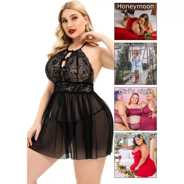 Avidlove Plus Size Lingerie For Women Lace Babydoll Strap Chemise Halter Neck Mesh Sleepwear BandageBlack