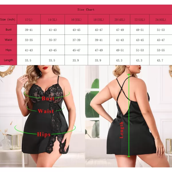Avidlove Plus Size Lingerie For Women Sexy Satin Nightgown Lace Babydoll Side Slit Strappy Chemise FloralBlack