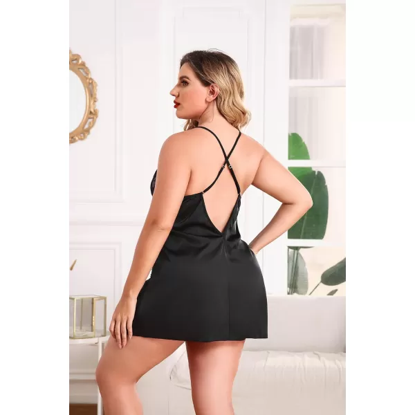 Avidlove Plus Size Lingerie For Women Sexy Satin Nightgown Lace Babydoll Side Slit Strappy Chemise FloralBlack