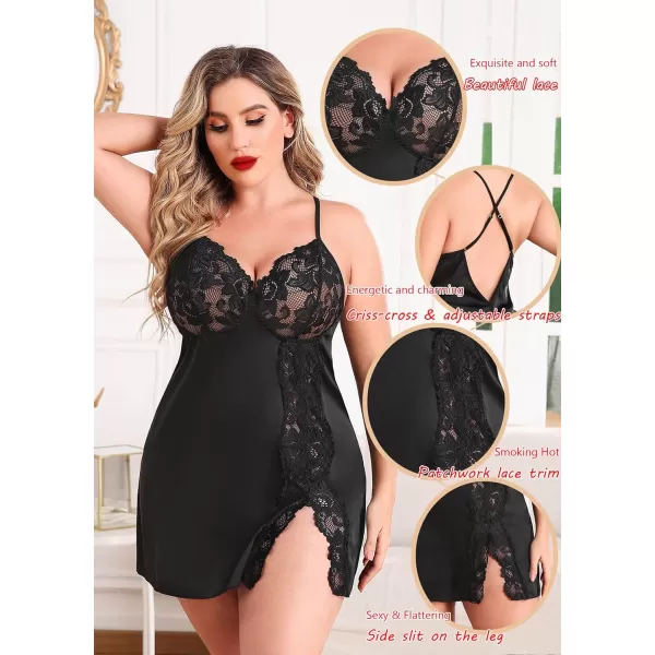 Avidlove Plus Size Lingerie For Women Sexy Satin Nightgown Lace Babydoll Side Slit Strappy Chemise FloralBlack